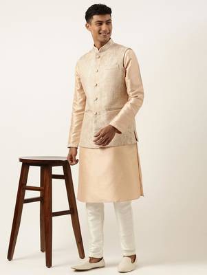 Peach jacquard jacket kurta set 5