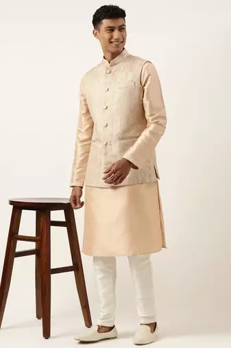 Peach jacquard jacket kurta set