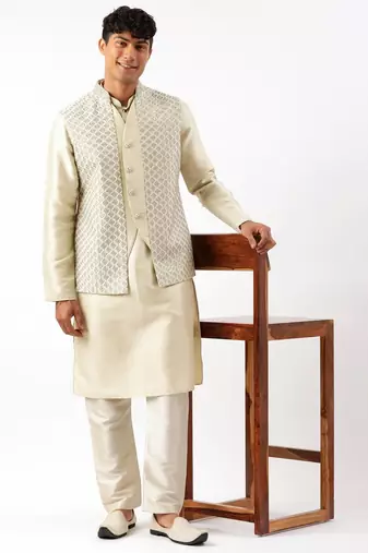 Sage green embroiderd layered jacket kurta set