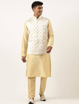 Beige jacquard jacket kurta set 1