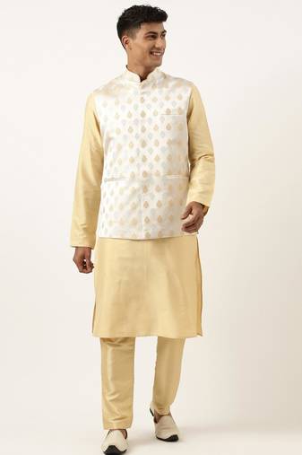 Beige jacquard jacket kurta set