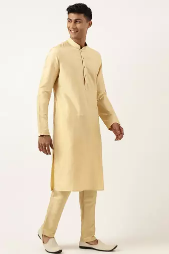 Beige jacquard jacket kurta set