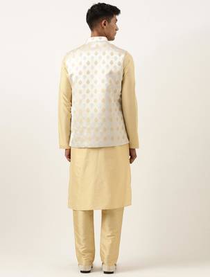 Beige jacquard jacket kurta set 5