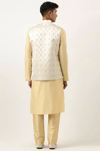 Beige jacquard jacket kurta set