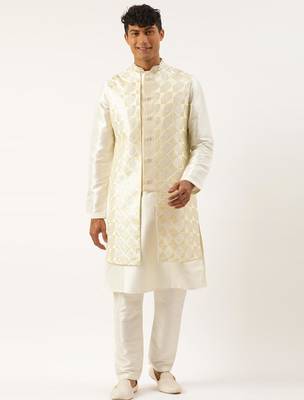 Cream embroidered layered long jacket kurta set 1
