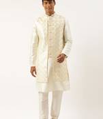 Cream embroidered layered long jacket kurta set