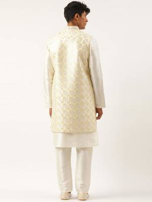 Cream embroidered layered long jacket kurta set 2