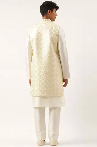 Cream embroidered layered long jacket kurta set