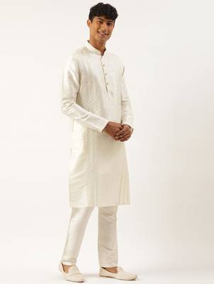 Cream embroidered layered long jacket kurta set 3