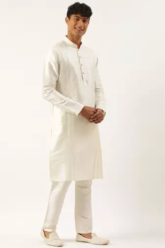 Cream embroidered layered long jacket kurta set