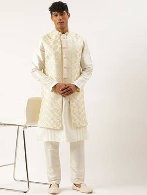 Cream embroidered layered long jacket kurta set 4