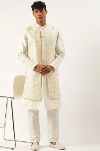 Cream embroidered layered long jacket kurta set