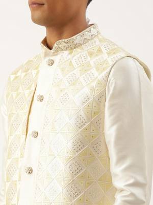 Cream embroidered layered long jacket kurta set 5