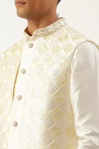 Cream embroidered layered long jacket kurta set