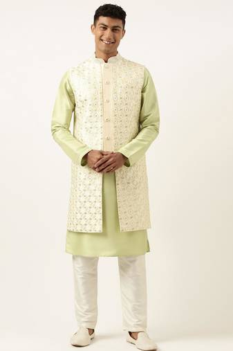 Cream green  embroiderd layered long jacket kurta set
