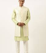 Cream green  embroiderd layered long jacket kurta set