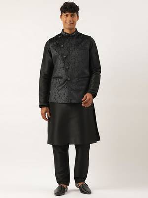 Black velvet jacquard jacket kurta set 1