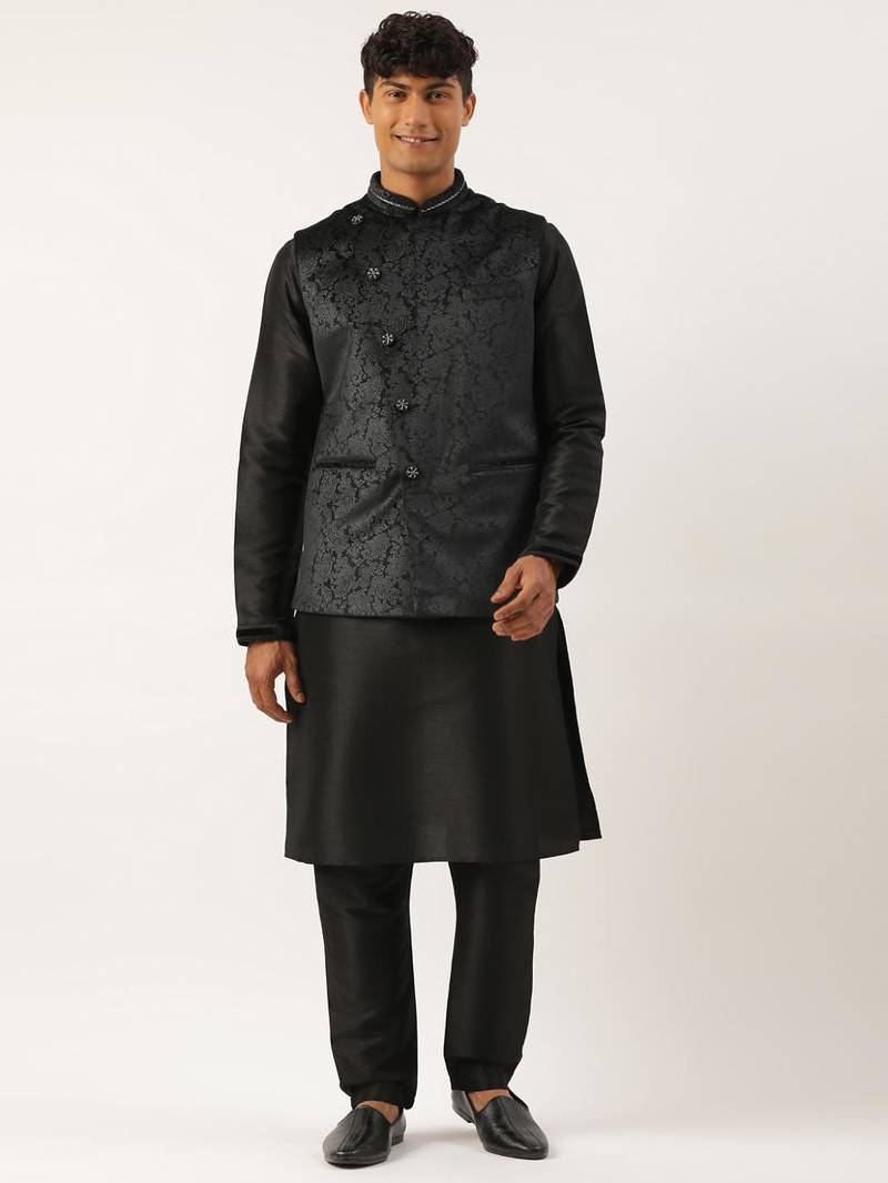 Black velvet jacquard jacket kurta set