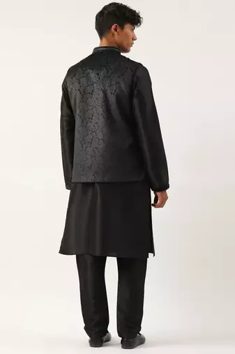 Black velvet jacquard jacket kurta set