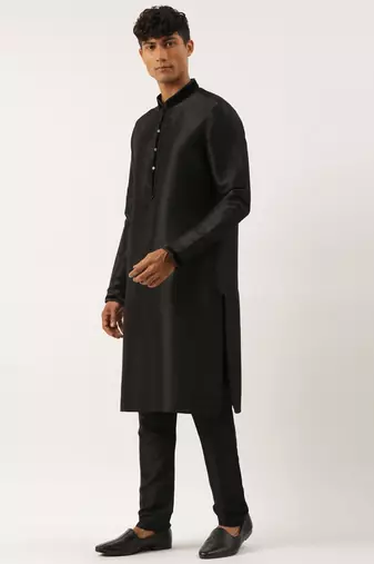 Black velvet jacquard jacket kurta set