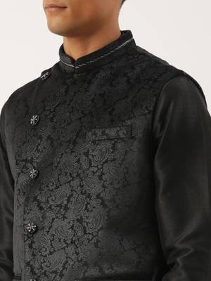Black velvet jacquard jacket kurta set 4