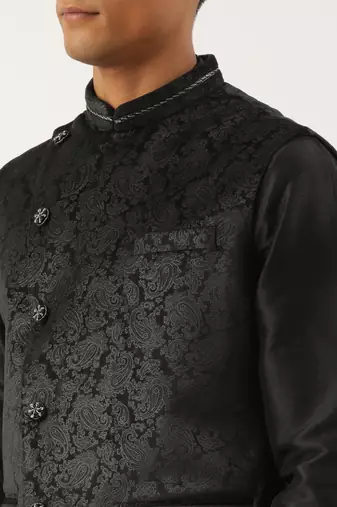 Black velvet jacquard jacket kurta set