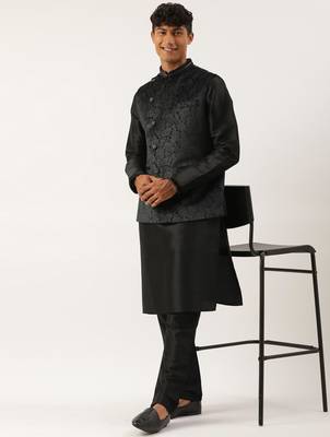 Black velvet jacquard jacket kurta set 5