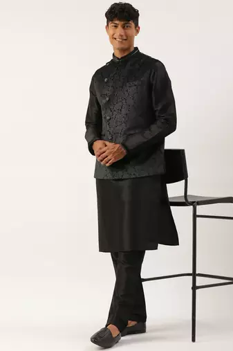 Black velvet jacquard jacket kurta set