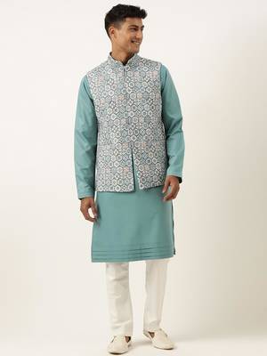 Cotton printed embroidered jacket kurta set 1