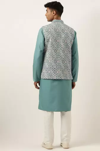 Cotton printed embroidered jacket kurta set