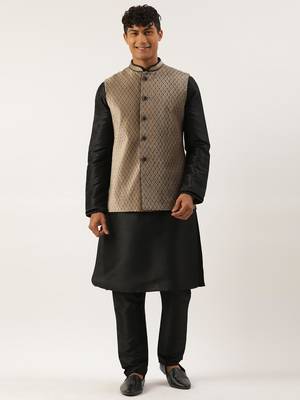 Beige  embroidered jacket kurta set 1
