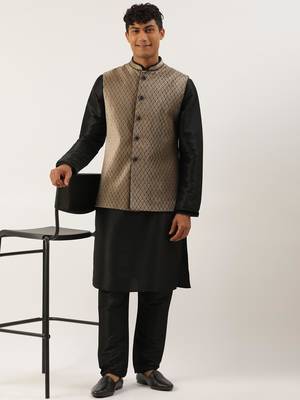 Beige  embroidered jacket kurta set 4