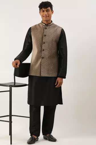 Beige  embroidered jacket kurta set