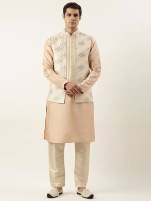 Beige embroied jacket kurta set 1