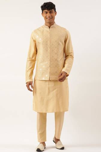 Beige embroidered jacket kurta set
