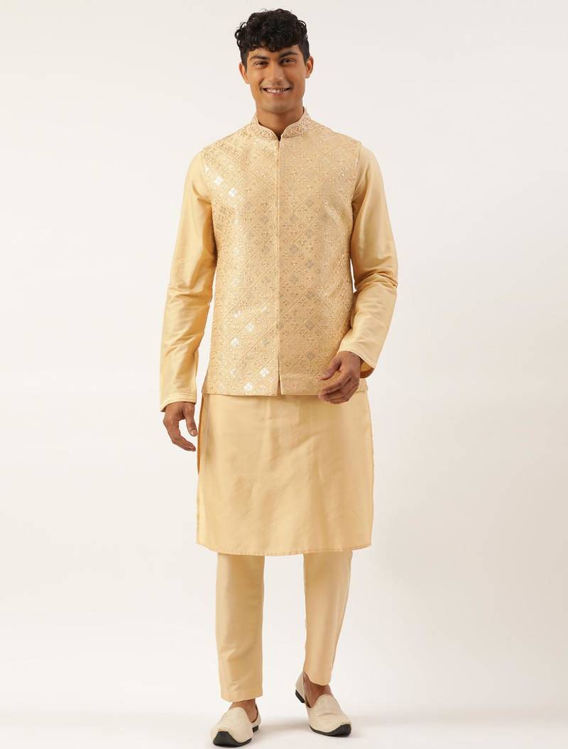 Beige embroidered jacket kurta set