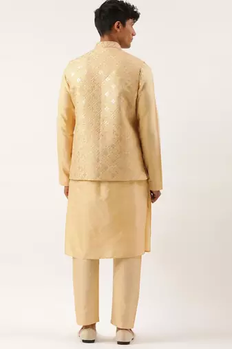 Beige embroidered jacket kurta set