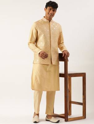 Beige embroidered jacket kurta set 4