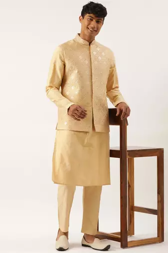 Beige embroidered jacket kurta set