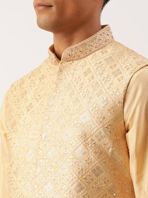 Beige embroidered jacket kurta set 5