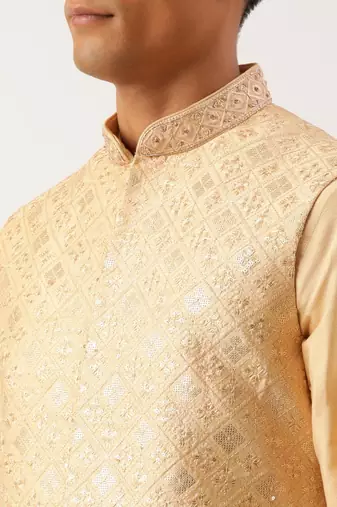 Beige embroidered jacket kurta set