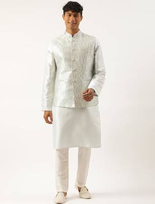 Sky blue sequin embroidered jacket kurta set 1