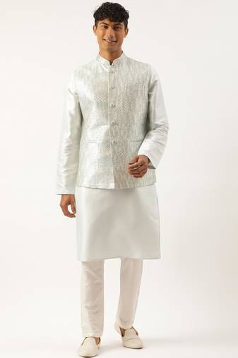 Sky blue sequin embroidered jacket kurta set