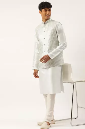 Sky blue sequin embroidered jacket kurta set