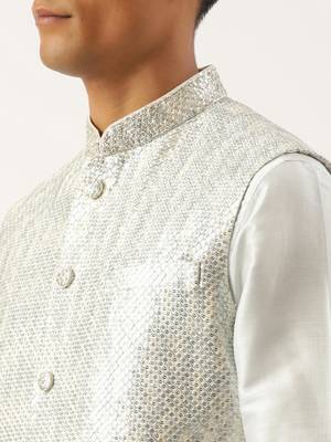 Sky blue sequin embroidered jacket kurta set 5