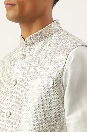 Sky blue sequin embroidered jacket kurta set