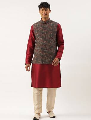 Charcoal grey printed jacket with maroon kurta set 1