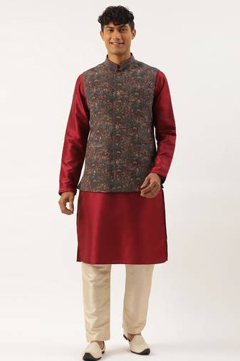 Charcoal grey printed jacket with maroon kurta set