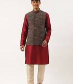 Charcoal grey printed jacket with maroon kurta set