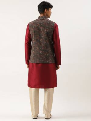 Charcoal grey printed jacket with maroon kurta set 2